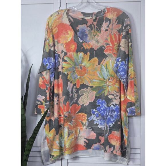 Soft Surroundings Floral Blouse - Gray, Orange, Blue - Picture 1 of 9